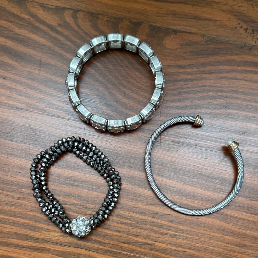 Elegant Silver-Tone Trio: Beaded Bracelet, Crystal Stretch Bangle & Cable Cuff